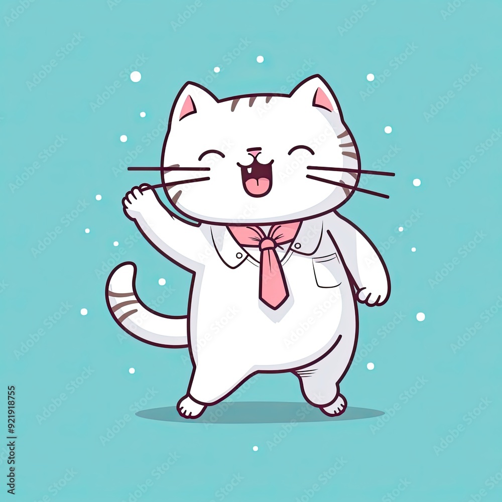 Obraz premium Adorable Pastel Kitten Illustration: A Playful, Dancing Feline Cartoon with a Vibrant, Colorful Background, Showcasing a Cute Kitty with Swag and Singing Charms in Soft, Gentle Hues
