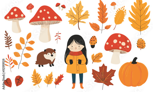 Hello autumn. Set of vector cute illustrations of mushrooms, leaves, girl, animal, autumn set