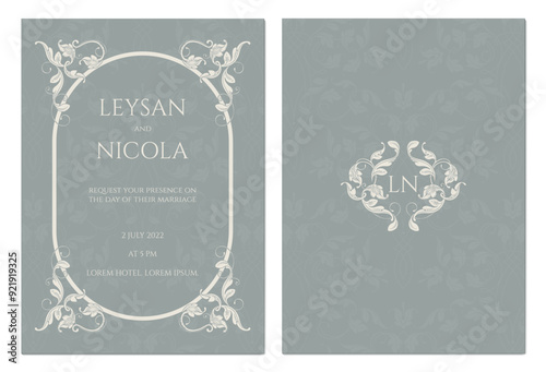 Wedding invitation. Classic graphic elements. Oval ornamental frame monogram.