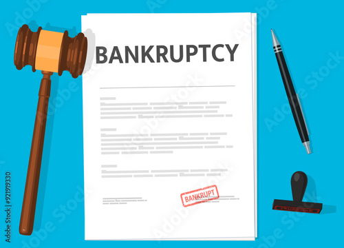 Bankruptcy attorney or lawyer legal document with vector judge gavel, pen and bankrupt approved stamp. Paper form of company or personal insolvency , filing bankruptcy and broken business legal status