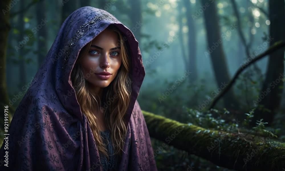 A cloaked individual wanders through the tranquil forest, surrounded by towering trees and dappled sunlight filtering through the mist A cloaked individual wanders through the tranquil forest, surrounded by towering trees and dappled sunlight filtering through the mist