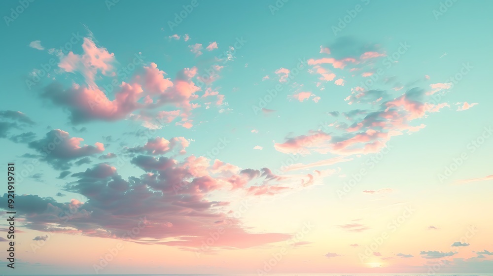 Naklejka premium A sky with a soft pastel gradient, baby blue to light pink transition, smooth blend, tranquil and serene, high-definition quality, peaceful dawn. --ar 16:9 --v 6.0 --s 250 --style raw