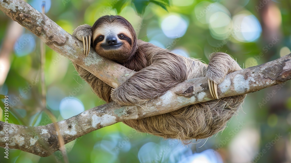 Cute sloth hanging on tree branch with funny face look, perfect portrait of wild animal in the Rainforest of Costa Rica scratching the belly, Bradypus Cute sloth hanging on tree branch with funny face look, perfect portrait of wild animal in the Rainforest of Costa Rica scratching the belly, Bradypus