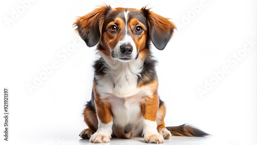 Adorable mixed-breed dog with floppy ears and patchy fur sits alone on a white background, looking directly at the camera with big brown eyes.