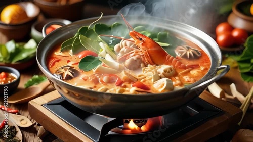 Sizzling pan, bubbling pot, vibrant vegetables dance with meat, promising a delicious, healthy meal photo