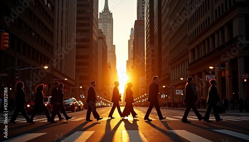 As the sun sets in NYC, silhouettes of businesspeople cross the street, casting long shadows and capturing the city's vibrant energy.