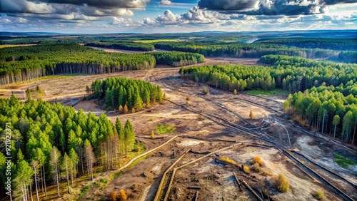 Aerial view of devastated forest, once-lush trees dwindling to barren wasteland, massive clear-cutting destruction leaving behind a scarred, ravaged, and desolate landscape. photo