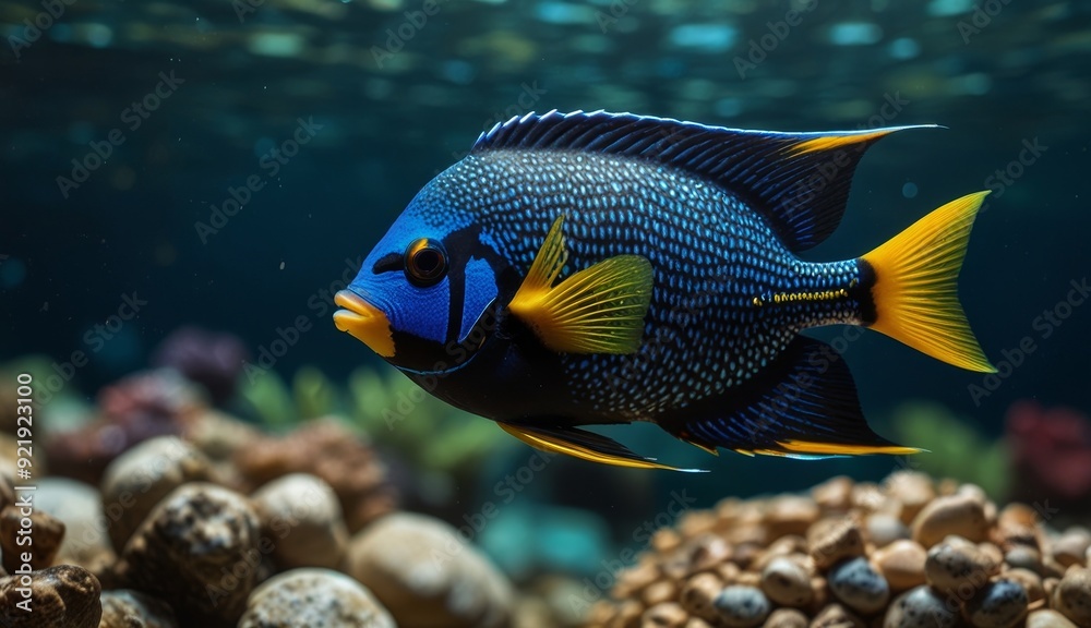 Naklejka premium Vibrant Blue Fish Underwater Scene