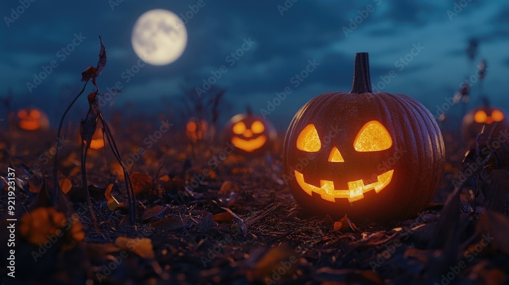 Fototapeta premium Pumpkin field under full moon