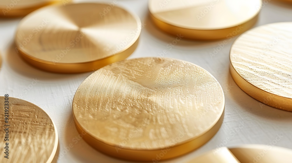 A close-up photograph of gold geometric shapes, overlapping circles, and squares on a white background. High contrast, glossy finish, intricate patterns, hd quality, elegant and modern. A close-up photograph of gold geometric shapes, overlapping circles, and squares on a white background. High contrast, glossy finish, intricate patterns, hd quality, elegant and modern.