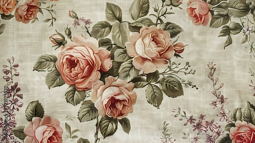 A close-up photograph of vintage floral fabric, showcasing roses and lilacs in soft hues, with an aged texture on a linen background. Detailed textures, faded beauty, hd quality, classic vintage look.