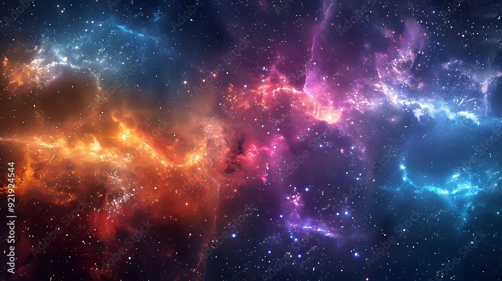 Fototapeta premium A detailed illustration of a cosmic scene with multiple nebulae in various colors, interspersed with bright stars and dark interstellar clouds. High contrast, vivid colors, hd quality,