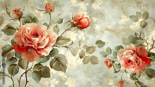 A detailed illustration of classic floral patterns, featuring roses and peonies in soft pastel colors, with a vintage touch on a textured beige background. Intricate details, faded elegance, photo