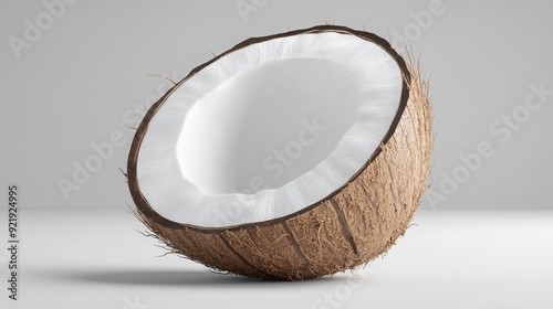 A half coconut with the white inside visible, brown shell, fibrous texture, isolated on a white background. photo