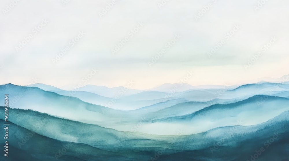 Obraz premium Beautiful watercolor painting of misty blue mountains, evoking serenity and tranquility with soft blending of colors in a dreamy landscape.