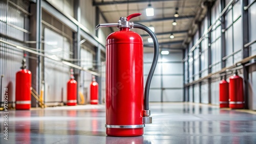 A red dry chemical fire extinguisher with a chrome nozzle and handle stands upright in a corner, ready for emergency use in a commercial setting. photo