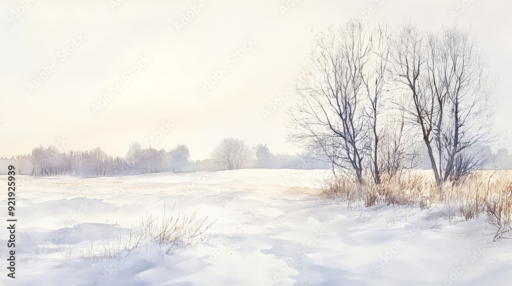 Beautiful winter landscape with snow-covered field, bare trees, and soft overcast sky. Serene and tranquil nature scene. Beautiful winter landscape with snow-covered field, bare trees, and soft overcast sky. Serene and tranquil nature scene.