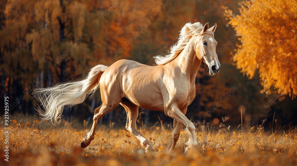 Don breed horse running on the field in autumn. Russian golden horse. Don breed horse running on the field in autumn. Russian golden horse.