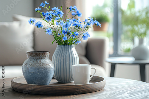Wallpaper Mural vase with blue flowers on table in living room , coziness, decoration, decor Torontodigital.ca