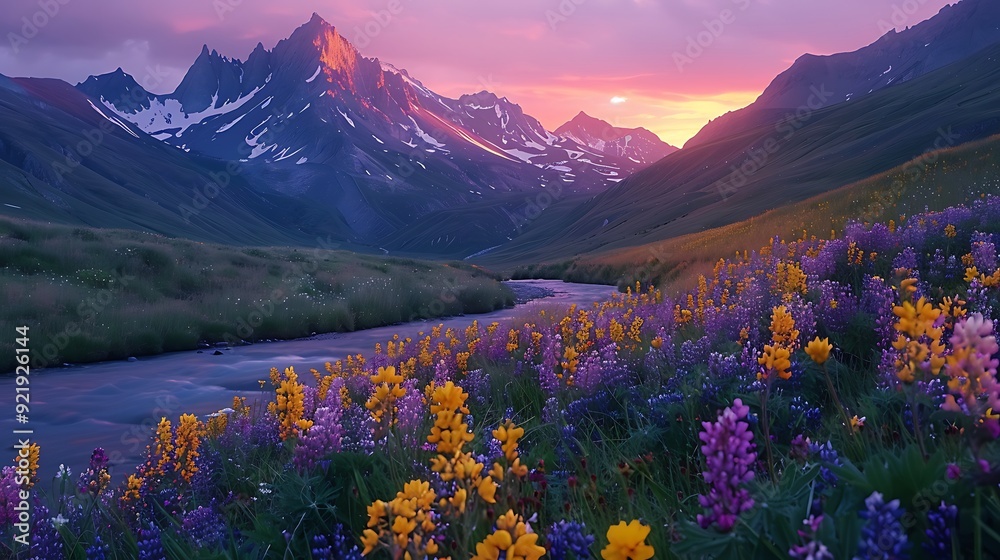 A dramatic mountain landscape during sunset, with the peaks glowing in warm hues of orange and pink, a valley filled with wildflowers, and a winding river. Vibrant colors, high contrast, hd quality, A dramatic mountain landscape during sunset, with the peaks glowing in warm hues of orange and pink, a valley filled with wildflowers, and a winding river. Vibrant colors, high contrast, hd quality,