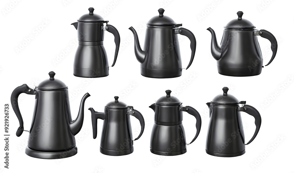 A collection of seven coffee pots featuring a variety of modern and vintage styles isolated in transparent background.
A collection of seven coffee pots featuring a variety of modern and vintage styles isolated in transparent background.