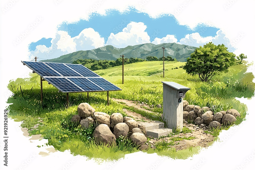 Obraz premium Rural Solar Panel Installation with Mountain Landscape.