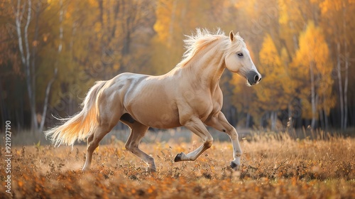 Don breed horse running on the field in autumn. Russian golden horse.