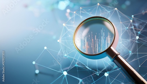 Magnifying glass hovering over a digital network, revealing hidden data, symbolizing search engine global network