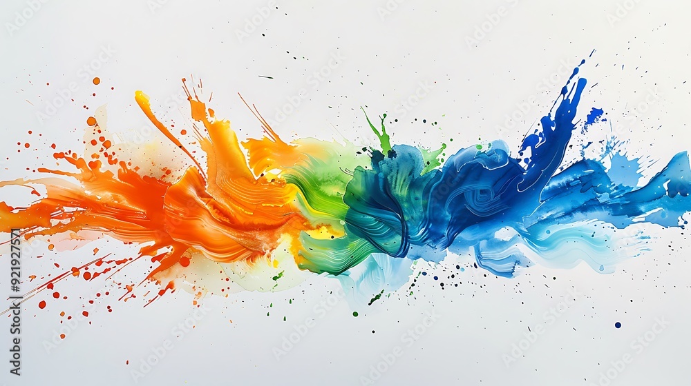 A lively abstract watercolor painting featuring energetic splashes of green, orange, and blue, blending dynamically on a white canvas. Vibrant hues, fluid movement, hd quality, expressive and vivid.