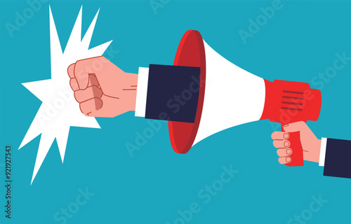Authoritative, violent and threatening, rude messages and announcements, power-filled fists sticking out of megaphones