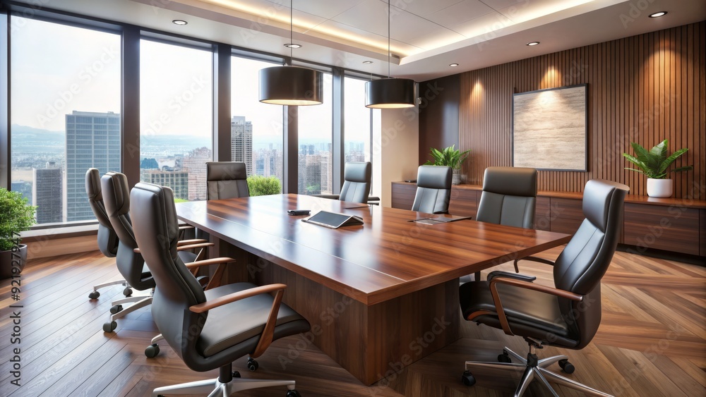 A sleek, modern conference room features a polished wooden table, high-back leather chairs, and a sleek wireless speaker on a side table for presentations. A sleek, modern conference room features a polished wooden table, high-back leather chairs, and a sleek wireless speaker on a side table for presentations.