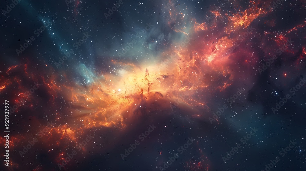 Fototapeta premium A mesmerizing view of a distant galaxy surrounded by vibrant nebulae and scattered stars, creating a breathtaking cosmic panorama. High contrast, vivid colors, hd quality, ethereal and majestic.