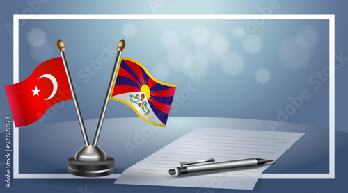 Turkey and Tibet Small national flag on bokeh background, cooperative relationship