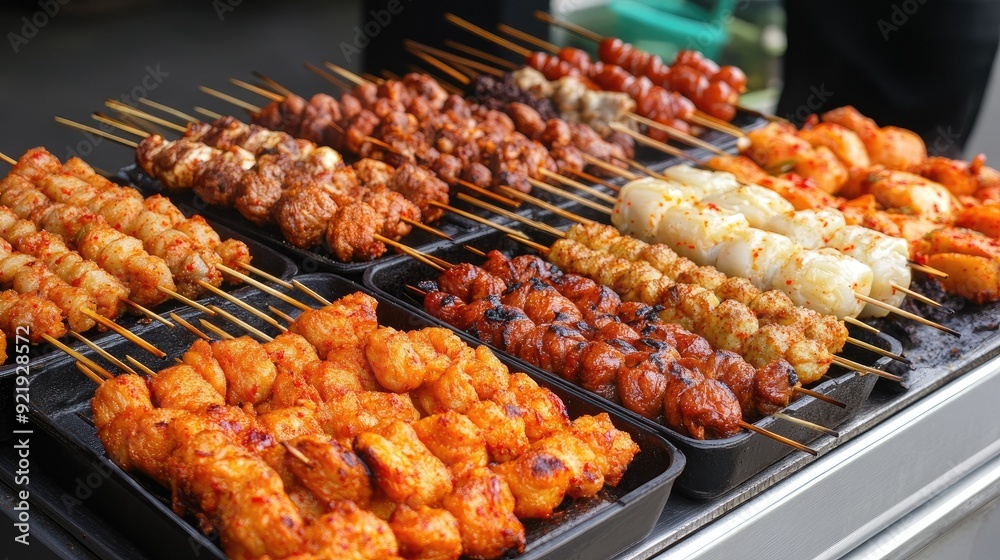 Assorted Korean street food including hotteok, odeng, and skewers. Perfect for food festivals and events Assorted Korean street food including hotteok, odeng, and skewers. Perfect for food festivals and events