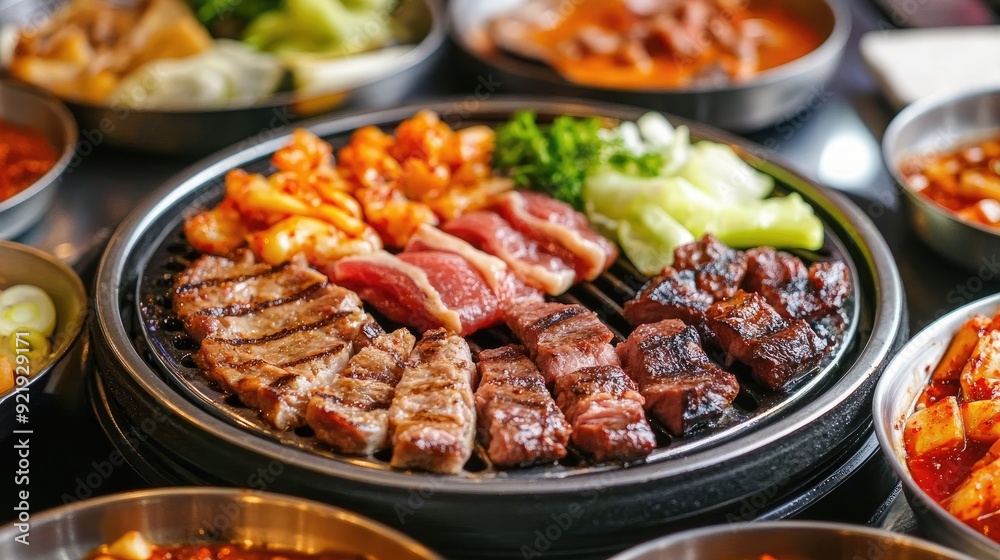 Delicious Korean barbecue with a variety of meats and vegetables. Perfect for dining guides and menus Delicious Korean barbecue with a variety of meats and vegetables. Perfect for dining guides and menus