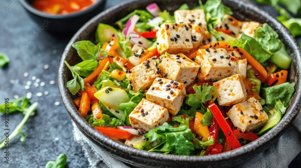 Delicious Korean cold tofu salad with fresh vegetables and spicy dressing. Ideal for light meal ideas Delicious Korean cold tofu salad with fresh vegetables and spicy dressing. Ideal for light meal ideas