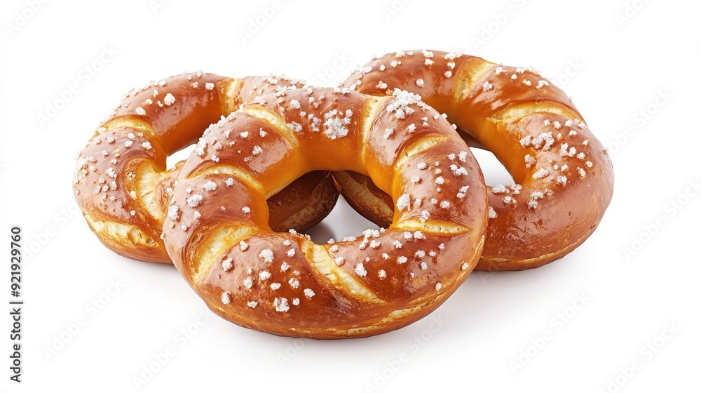 Freshly baked pretzels with a glossy finish and coarse salt on top. Perfect for snack and bakery content Freshly baked pretzels with a glossy finish and coarse salt on top. Perfect for snack and bakery content