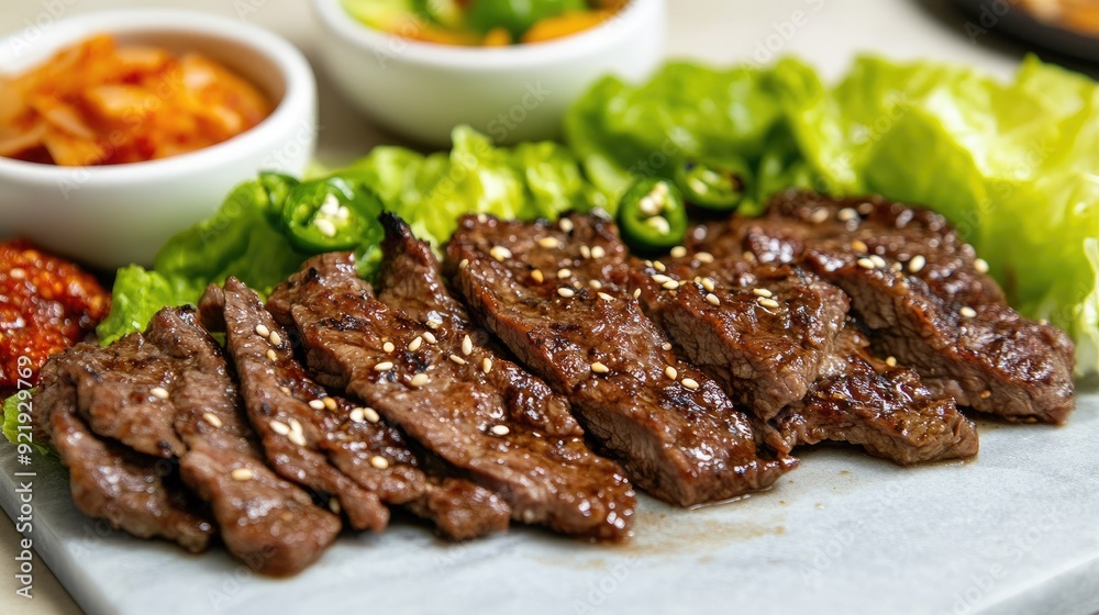 Korean barbecue beef (bulgogi) with a side of lettuce wraps and condiments. Great for grill and dining content Korean barbecue beef (bulgogi) with a side of lettuce wraps and condiments. Great for grill and dining content