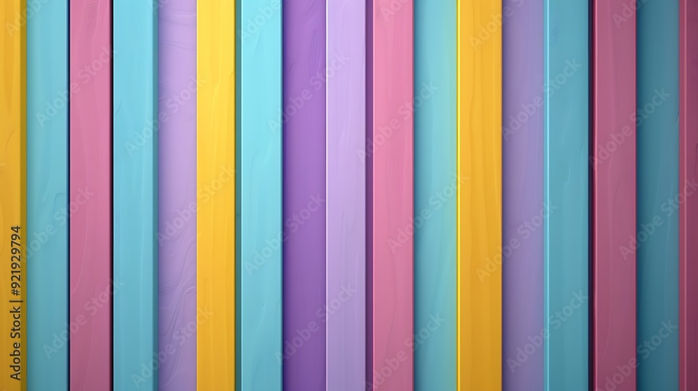 Obraz premium A playful pattern of colorful stripes in shades of purple, teal, and yellow, with varying widths on a light blue background. High contrast, lively and stylish, hd quality, cheerful and dynamic.