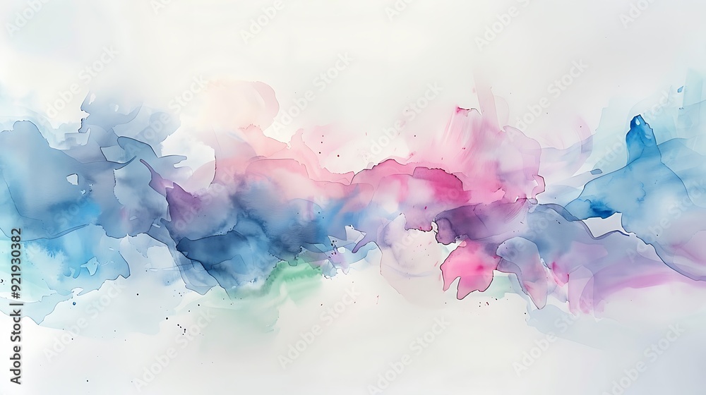 Fototapeta premium A soothing abstract watercolor artwork with gentle splashes of sky blue, pastel pink, and light green, blending seamlessly on a white canvas. Soft hues, fluid forms, hd quality, calming and elegant.