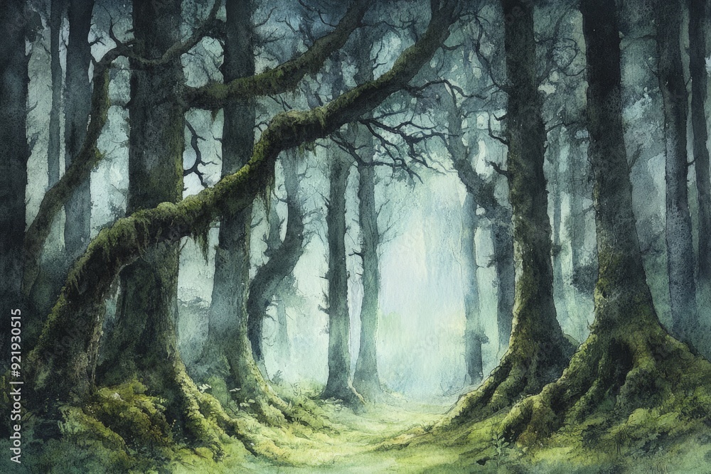 Enchanting foggy forest with mysterious trees and lush mossy ground, creating a magical and mystical atmosphere.