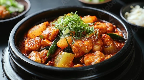 Korean-style braised chicken (dakbokkeumtang) with vegetables and spicy sauce. Ideal for hearty meals