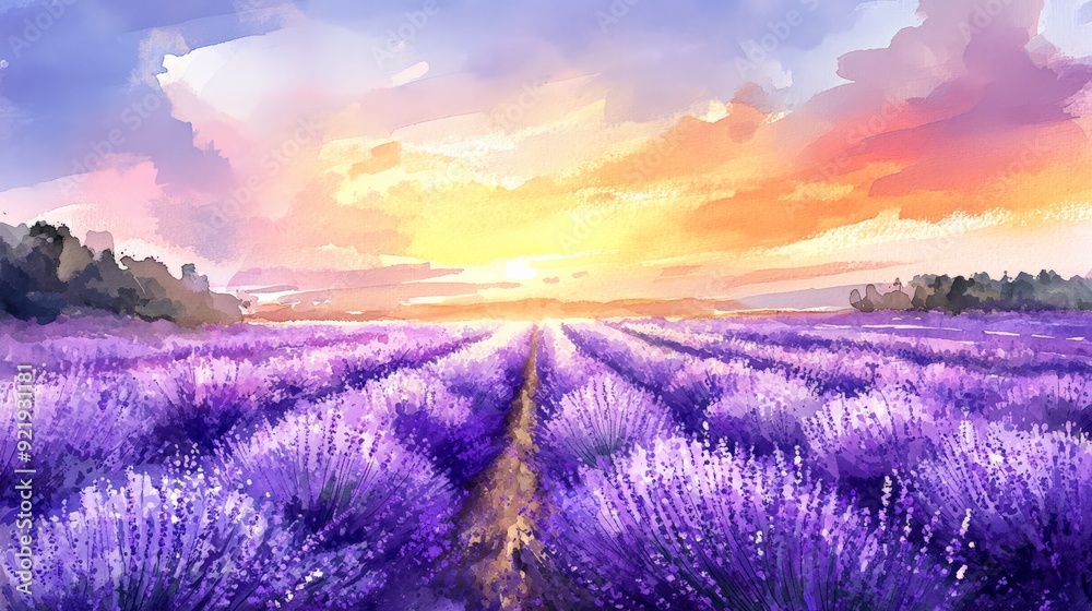 Fototapeta premium Lavender field at sunset with a path leading towards the horizon under a colorful sky, showcasing the beauty of nature and tranquility.