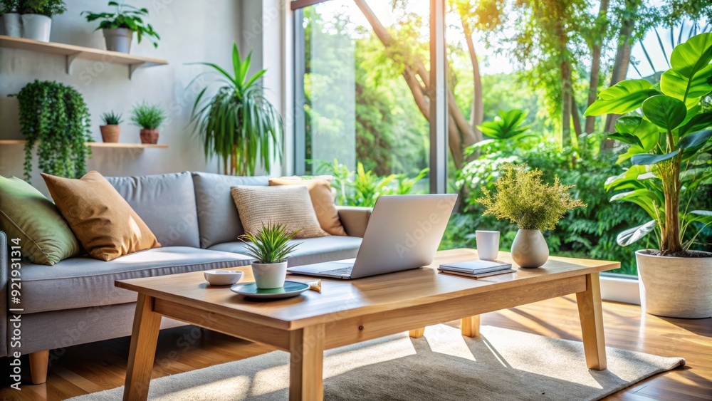 Calm modern living room with laptop and papers on coffee table, surrounded by plants and soft natural light, conveying financial organization and relaxation. Calm modern living room with laptop and papers on coffee table, surrounded by plants and soft natural light, conveying financial organization and relaxation.