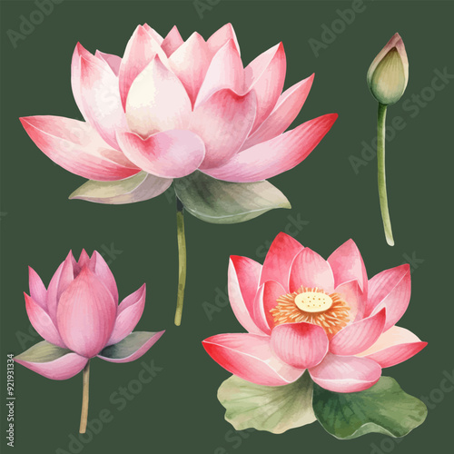 Lotus flower vector illustration. Water lily flowers in watercolor graphic style.