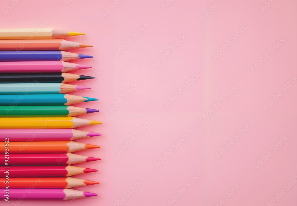Row of colorful pencils on a pink background with copy space Row of colorful pencils on a pink background with copy space
