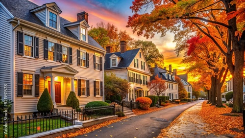 Charming New England street scene with historic colonial homes, autumn foliage, and picturesque sidewalks in a quaint Massachusetts residential neighborhood at sunset. photo