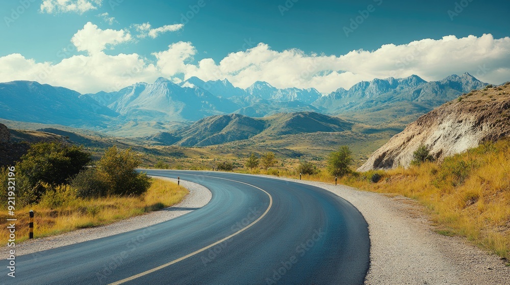 Naklejka premium Scenic mountain road with sweeping curves and vast open spaces. Perfect for journey and travel guides