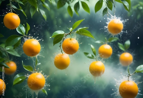 Oranges hanging on a tree in splashes of water. Oranges background. Fruit background