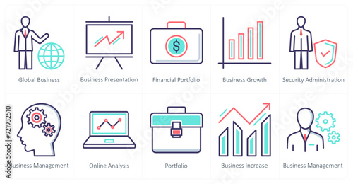 A set of 10 business icons as global business, business presentation, financial portfolio